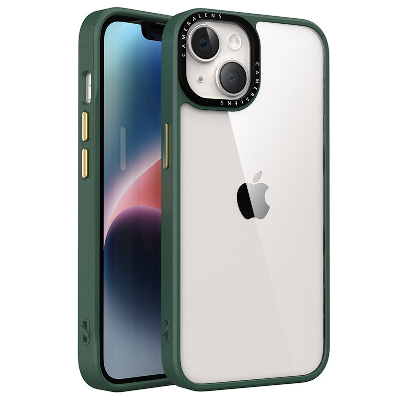 Til iPhone 14 Klart telefontaske PC TPU stødsikkert bagcover med metalknapper Til iPhone 14 Klart telefontaske PC TPU stødsikkert bagcover med metalknapper